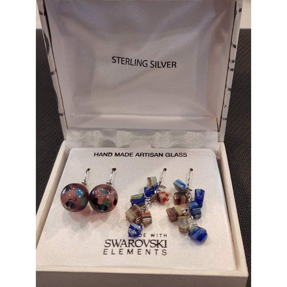 Sterling Silver Millefiori Earrings Made with Swarovski‎ Elements Set of 2